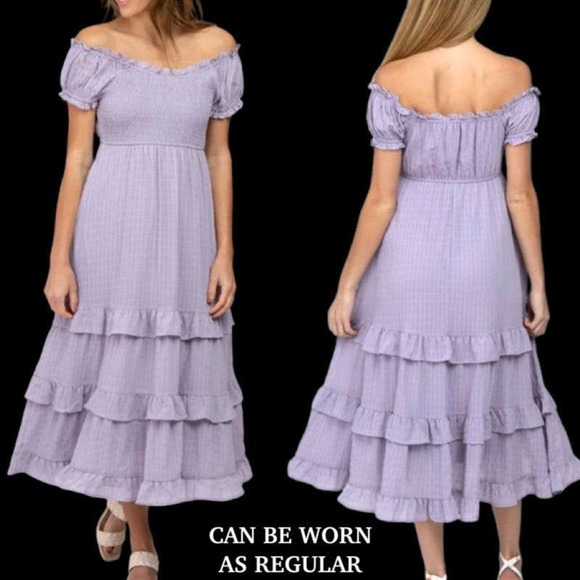 Pinkblush Lavender Smocked Ruffle Maternity Midi Dress Size M - Picture 2 of 9